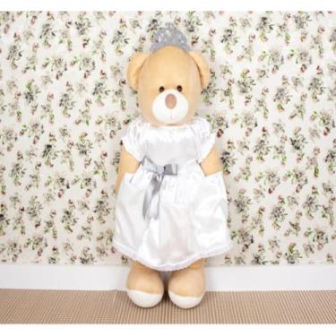 Imagem de Urso de Pelúcia Porta Fraldas com Vestido com lese, Coroa Dourada - 65 cm (CETIM BRANCO - COROA PRATA)