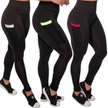 Imagem de Kit 3 Calça Legging Feminina De Academia Com Bolso Lateral Cintura Alt