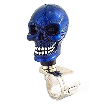 Imagem de Volante em forma de caveira Lunsom, rodinha, resina, alça de controle de alça, impulsionador, botão de suicida, auxiliar de rotação de carro, serve na maioria dos veículos (azul marinho)