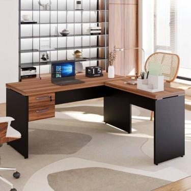 Imagem de Mesa para Escritório Diretor em L com Gaveteiro Suspenso Espresso Móveis Marrom/Preto