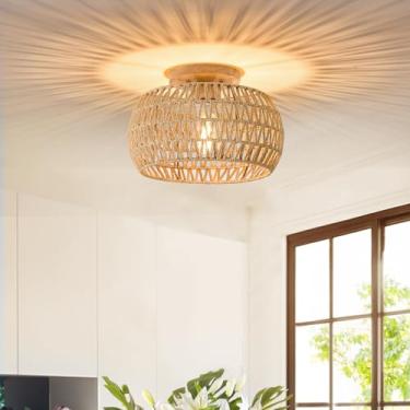 Imagem de ALAISLYC Luminárias De Teto Embutidas De Vime De 13 Polegadas, Estilo Boho, Estilo Fazenda, Gaiola De Corda Rústica De Vime Trançada À Mão Para Sala De Jantar, Cozinha, Quarto, Hall De Entrada, Cor