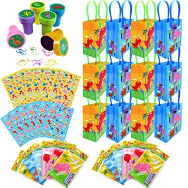 Imagem de TINYMILLS Conjunto de brindes de festa de aniversário de dinossauro com 60 peças (12 sacos de petisco, 24 carimbos, 12 conjuntos de adesivos, 12 livros de colorir com giz de cera)