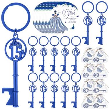 Imagem de Sliner 50 conjuntos de lembrancinhas de festa de quinze anos para convidados, chaveiro de aniversário de 15 anos, abridor de garrafas de 15 anos, etiquetas de agradecimento, presente de quinze anos