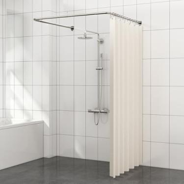 Imagem de Haste de cortina de chuveiro em forma de U, haste de cortina de chuveiro de canto ajustável para banheiro, loja de roupas, aço inoxidável com 12 ganchos de anel e suporte de teto [ambos os lados: 59,9