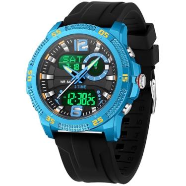 Imagem de findtime Relógio masculino analógico digital à prova d'água com contagem regressiva/retroiluminação LED/temporizador/alarme/cronômetro de data, Azul, Casual