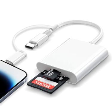 Imagem de Leitor de cartão SD para iPhone iPad, cartão SD 2 em 1 para iPhone, conector duplo (iluminação e USB-C) dois compartimentos MicroSD/SD adaptador de cartão de memória Trail Camera Viewer para