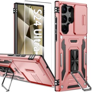 Imagem de KTUOHU Capa Para Samsung Galaxy S24 Ultra 5G, Com [Capa Deslizante Câmera] [2 Protetores De Tela Vidro] [Suporte Giratório], Resistente À Prova Choque Nível Militar, Ouro Rosa