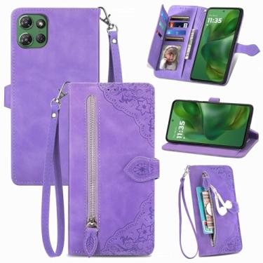 Imagem de Furiet Capa carteira para Motorola Moto G 5G 2025 com cordão de pulso, estampa de flor, bolso flip de couro, suporte para cartão, acessórios para celular, capa de celular para G5G 5 G G5 roxo