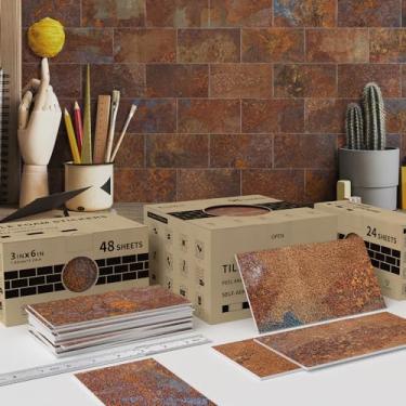 Imagem de Alwayspon 24 peças 7,6 x 15,2 cm, azulejo de PE Backsplash para descascar e colar, adesivo de tijolo autoadesivo de rocha vermelha rústica em azulejos de parede para cozinha e banheiro