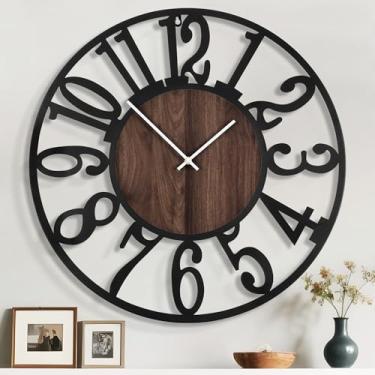 Imagem de Mee 2ou Relógio de parede extra grande de 81 cm, relógio decorativo silencioso de metal rústico com face de madeira, relógios de parede grandes modernos operados por bateria para sala de estar, quarto