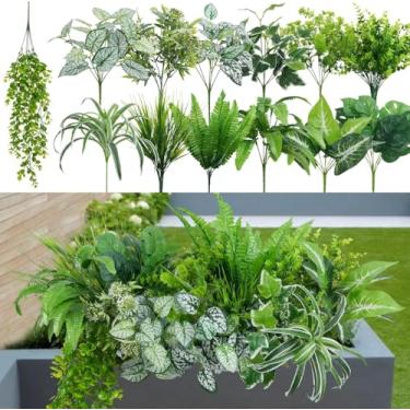 Imagem de GTIDEA 19 peças de plantas artificiais ao ar livre, arbustos falsos, samambaias, plástico resistente a UV, folhas de vegetação sintética, arbustos para pendurar em ambientes internos e externos