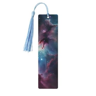 Imagem de Marcador de livro de madeira com aglomerado de nebulosa espacial para homens e mulheres lendo marcadores de livro de madeira exclusivos feitos à mão com pingente de borla, marcador de livro para