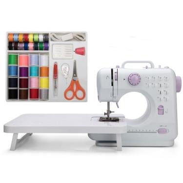 Imagem de Mini máquina de costura da Kalatic (incluindo mesa de extensão e conjunto de materiais de costura) - pequenas máquinas de costura overlock elétricas com 2 velocidades 12 padrões de costura integrados