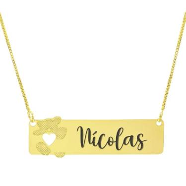 Imagem de Colar Personalizado Ursinho Coração Vazado Gravação Nícolas Banhado Ouro 18K - 999012099