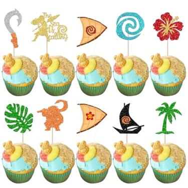 Imagem de 30 Pack Moana Cupcake Toppers Glitter Palm Leaf Moana Cupcake Picks The Sea is Calling Hawaiian Tropical Cake Decorations for Luau Summer Baby Shower Birthday Party Supplies