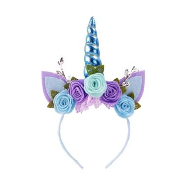 Imagem de Nishine Tiara De Unicórnio Com Flores Tecido Não Tecido, Orelhas Gato, Pônei, Glitter, Chifre Para Cosplay, Suprimentos Festa (Azul)