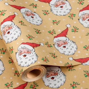 Imagem de Merture Rolo de papel de embrulho de Natal Kraft com Papai Noel feliz - 46,5 pés (46,5 m²)