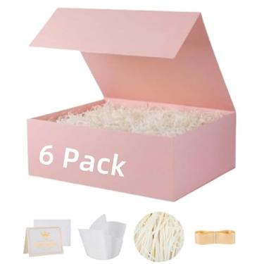 Imagem de UoeRing Pacote com 6 caixas de presente rosa 24 x 15 x 7,6 cm pequena caixa de presente luxuosa para presentes com tampa magnética dobrável, pedido de dama de honra, contém cartão, fita, papel de seda