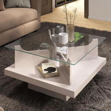 Imagem de Mesa de Centro Clara com Tampo de Vidro Off White - Pnr Móveis, Bege, 