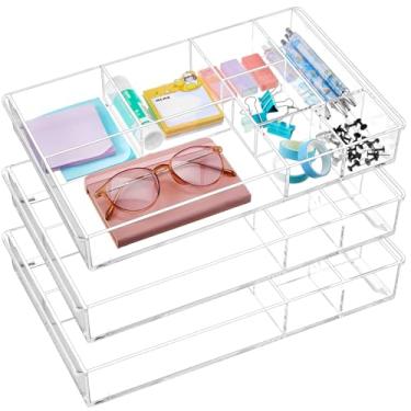 Imagem de Briwooody Pacote com 3 bandejas organizadoras de gaveta transparentes empilháveis de 35 x 22 x 5 cm, divisória de gaveta de acrílico para mesa com 8 compartimentos para canetas, clipes de papel, notas
