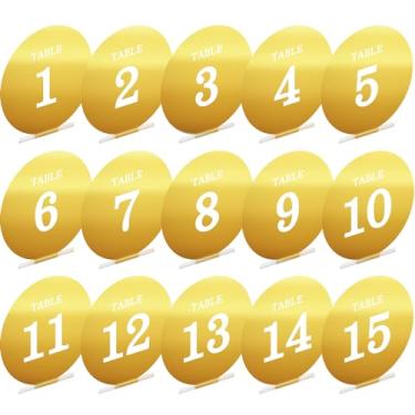Imagem de 15 peças de números de mesa com suportes, placas de acrílico para números de mesa e suportes de placas de casamento espelhadas, 1 a 15 placas de número de mesa, acessórios de mesa de casamento para