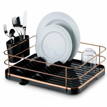 Imagem de Escorredor De Louças Talheres 12 Pratos Bandeja De Escoamento Preto Aço Rose Gold