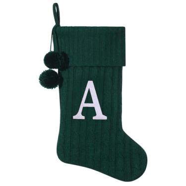 Imagem de Pxniy Meia de Natal personalizada de 48 cm - malha verde com monograma bordado e pompons, cabide de lareira familiar para decoração de férias, letra A verde
