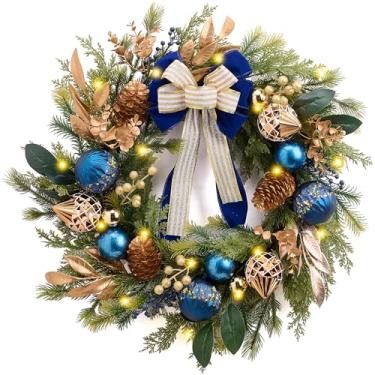 Imagem de DecorbyHannah Guirlanda de Natal pré-iluminada de 61 cm para porta da frente com luzes, guirlandas de Natal iluminadas em bronze azul grande para janela com enfeites de laço, decoração de Natal de