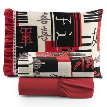 Imagem de Jogo Cama Lençol Fiore Solteiro Estampado 180 Fios 100% Algodão com Babadinho 3 Peças Vermelho Oriental Japonês