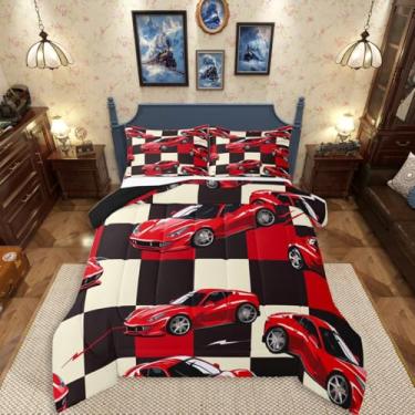 Imagem de Erosebridal Jogo de cama solteiro com carro de corrida vermelho, para crianças, jovens, homens, adolescentes, esportes radicais, edredom de grid, 2 peças