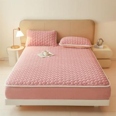 Imagem de Capa de colchão, acolchoado, de lã grossa, luxuosa, protetor de colchão de flanela de veludo, antiderrapante, cobertura total com elástico, macio, fofo, tamanho Queen, fácil de cuidar, rosa, 150 x 200