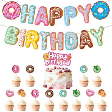 Imagem de Donut Happy Birthday Banner - Donut Theme Birthday Party with 1 Large and 12 Small Cake Toppers for Baby Shower Kids Birthday Party Decorations Supplies