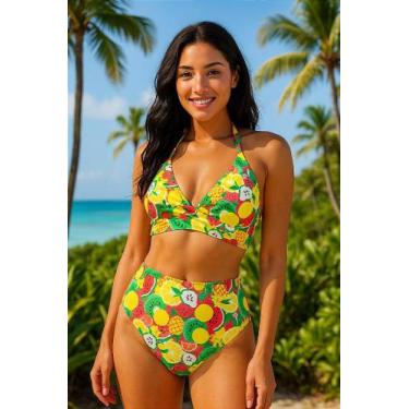 Imagem de Biquíni Cropped Frutado Cintura Alta com Estampa Tropical - De Sol a M