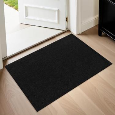 Imagem de Uphome Tapetes de banheiro Boho, 5,5 x 7,5 cm, lavável para entrada interna, forro de borracha de fazenda, tapetes de algodão trançado, camada baixa, tapete de porta da frente preto para varanda