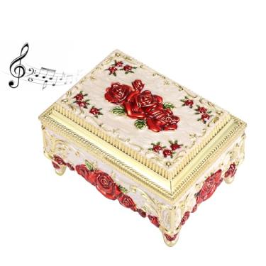 Imagem de ELLDOO Caixa de música vintage, caixa de joias musical de metal dourado, pequena caixa de armazenamento de joias de presente para meninas e mulheres (melodia: You are My Sunshine), padrão rosa