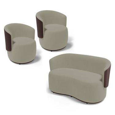 Imagem de Kit 2 Poltronas E 1 Namoradeira Aisha Orgânica Composê Sintético Marrom E Suede Bege - Abmaza