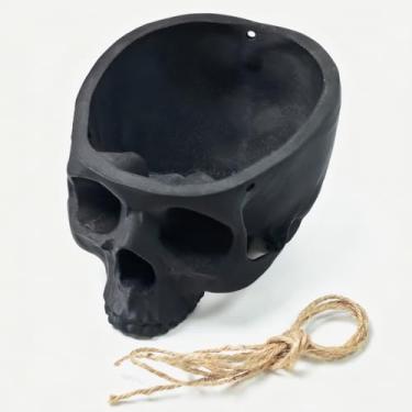 Imagem de LuckyVin Cesto de vaso suspenso de caveira impressa em 3D, vaso de flores gótico para decoração de casa, vaso suspenso leve à prova d'água em forma de cabeça (preto)