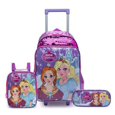 Imagem de Kit Mochila Escolar De Rodinhas Princesa Estojo Lancheira Infantil Fem