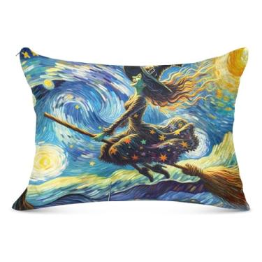 Imagem de Capas de travesseiro decorativas de bruxa noite estrelada de flanela para travesseiro padrão Queen King Capas de travesseiro longas para cama brilhante, tamanho king, 50,8 cm x 101,6 cm