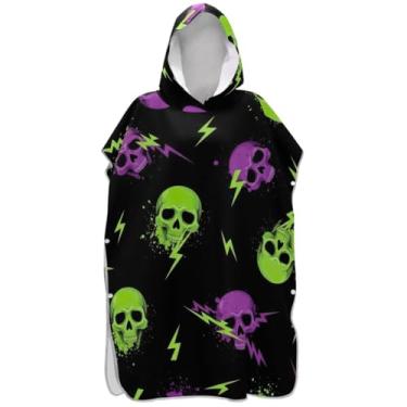 Imagem de Joisal Poncho de surfe para adultos trocador de roupão toalha de praia floral plus size ponchos femininos com capuz engraçados crânios neon preto