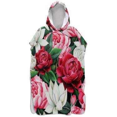 Imagem de Joisal Poncho de surfe para adultos trocador de roupão de praia com capuz toalha de natação tamanho grande maximalismo branco vermelho rosa peônias unissex adulto poncho com capuz