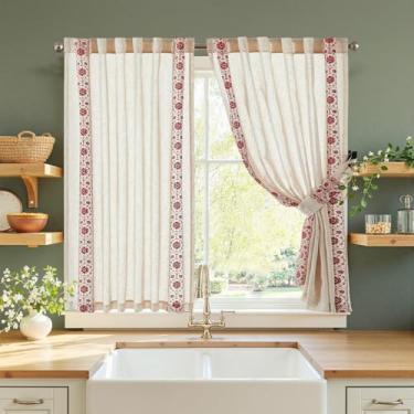 Imagem de jinchan Weslie Cortinas de janela pequenas 137 cm de comprimento cortinas de linho café para cozinha banheiro floral bordado cortinas curtas rústico casa de fazenda filtro de luz transparente conjunto
