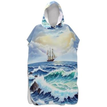 Imagem de Joisal Poncho de surfe para adultos trocador de roupa de praia com capuz toalha de banho absorvente ponchos adultos para mulheres aquarela azul mar