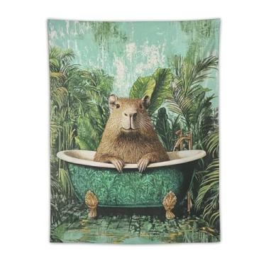 Imagem de Linda capivara na banheira tapeçaria de banheiro verde tropical pendurado na parede humorístico roedor decoração de arte para crianças banheiro tema selva spa vaidade casa decoração de parede presente