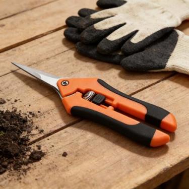 Imagem de Tesoura de jardim, tesoura de poda de jardinagem para plantas, lâminas retas de aço inoxidável, aderência confortável para aparar flores, arbustos e ramos pequenos (laranja)