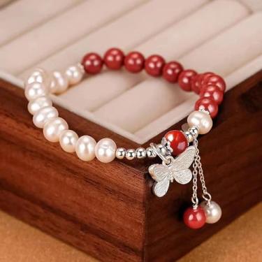Imagem de Pulseira de contas vermelhas e pérolas com design elástico de pingente de borboleta – perfeita para presente romântico, uso diário e roupas elegantes
