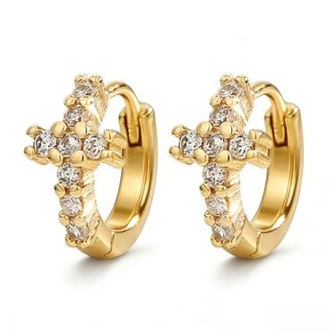 Imagem de Brincos de argola de cruz de ouro para mulheres, brincos de cruz de zircônia cúbica, baile, festa de casamento, brincos de abraço, joias cristãs, presente, Small, Cobre, Sem pedra preciosa