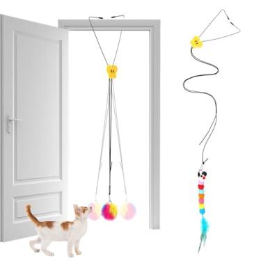 Imagem de 2 peças de brinquedos interativos para gatos em ambientes internos, brinquedos independentes para gatos de porta pendurada, lagarta e pássaro voador para moldura de porta, brinquedo automático para