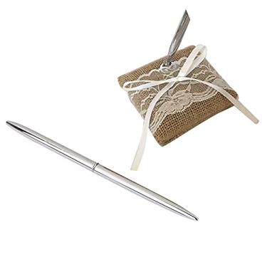 Imagem de SIWOTED Caneta de assinatura de casamento com suporte de renda de serapilheira vintage conjunto de canetas para festa de casamento suprimentos de decoração de noivado