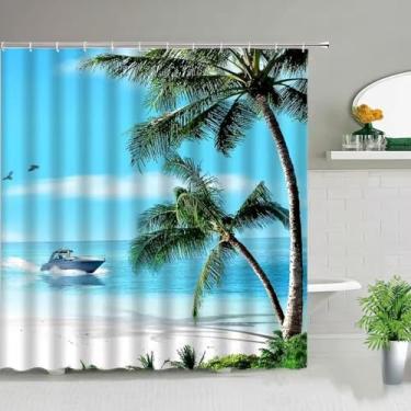 Imagem de Cortinas de chuveiro com cenário natural do oceano, praia, palmeira, mar, verão, paisagem, impermeável, decoração de banheiro, ganchos para tela de banheira, 165 x 220 cm/LxA, cortina de chuveiro de